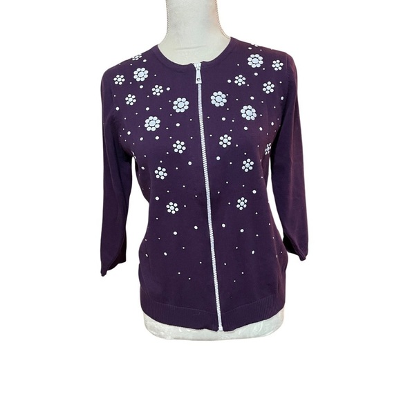 Womens Zip Up Cardigan 90s Clueless Daisy Flowers Sz Small Purple - Picture 3 of 6